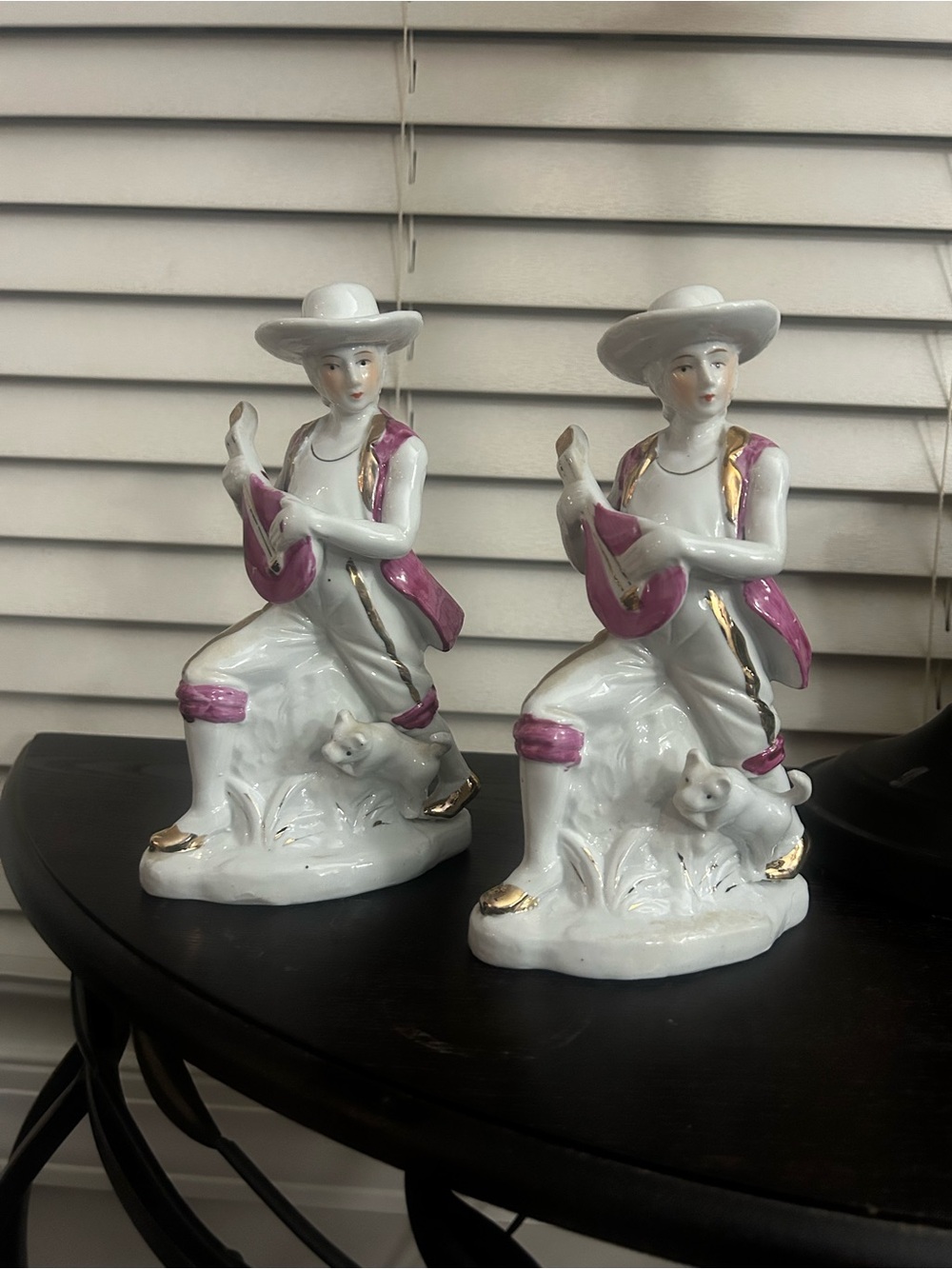 Vintage: White and Pink Porcelain Figurine Pair with Gold Accents